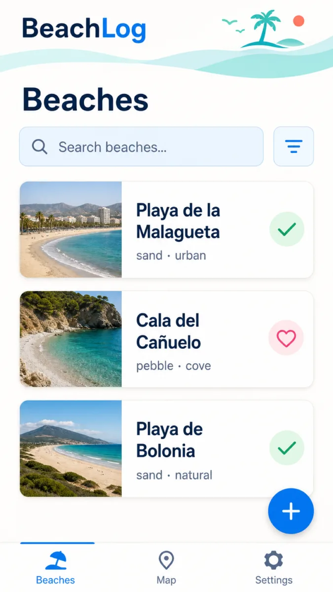 BeachLog saved beaches screen