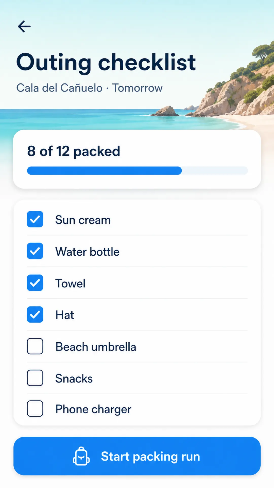 BeachLog reusable packing checklist screen