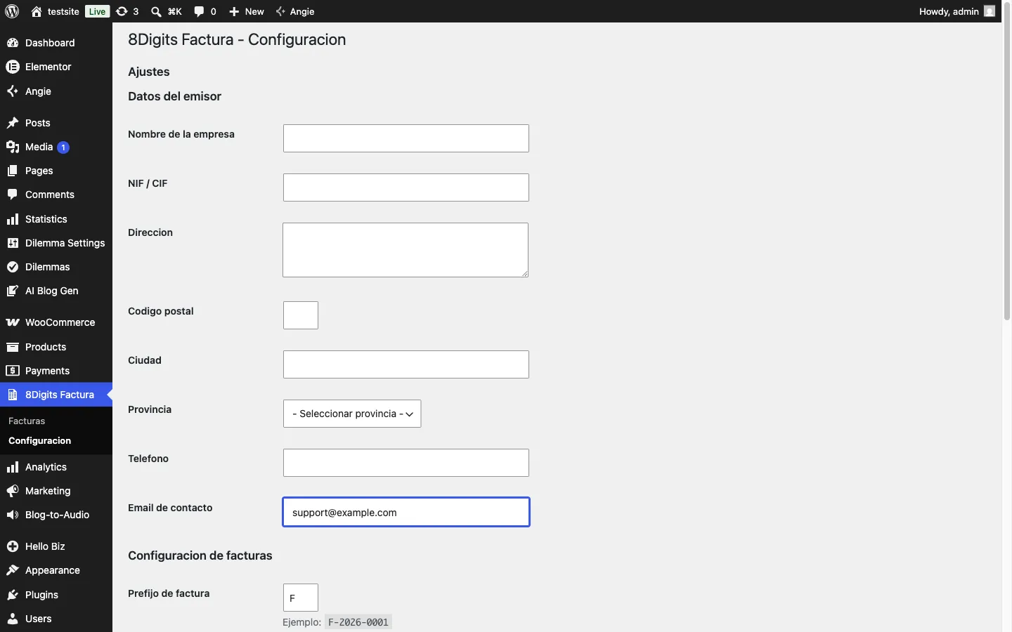 Configuración real de 8digits Factura